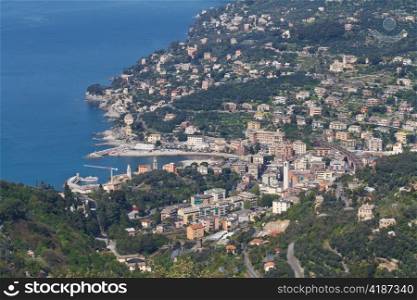 aerial view of Recco, small town in mediterranean sea, Italy
