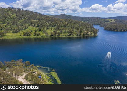 Aerial view of recreational Lake Lyell near Lithgow in regional New New South Wales Australia