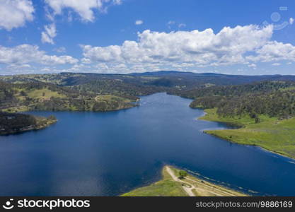 Aerial view of recreational Lake Lyell near Lithgow in regional New New South Wales Australia