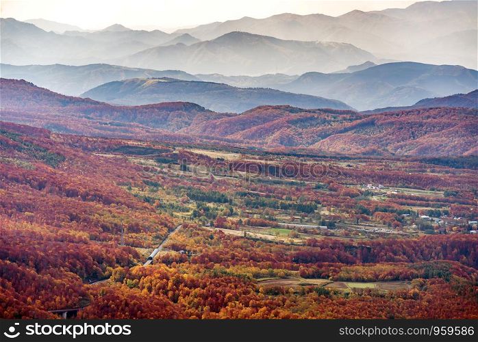 Aerial view of red leaf autumn fall season for Forest wodland From Hakkoda Mountain in Aomori Tohoku Japan