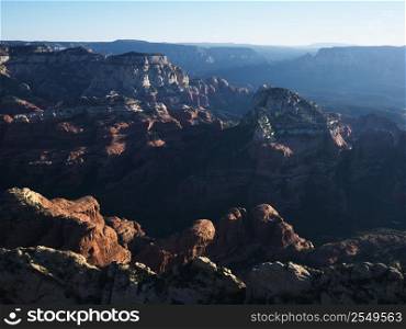 Aerial view of red rock formations in Sedona, Arizona.