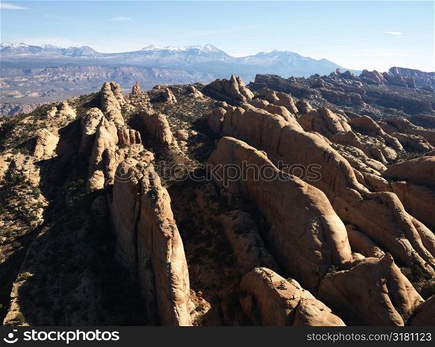 Aerial view of red rock formations in Utah Canyonlands.