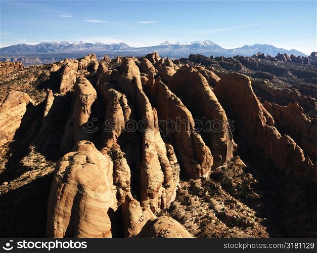 Aerial view of red rock formations in Utah Canyonlands.