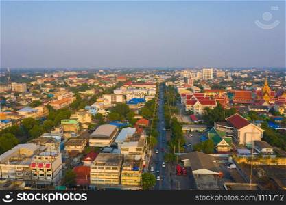 Aerial view of residential buildings in Phra Prathom Chedi district, Nakhon Pathom, Thailand. Urban city in Asia. Architecture landscape background.