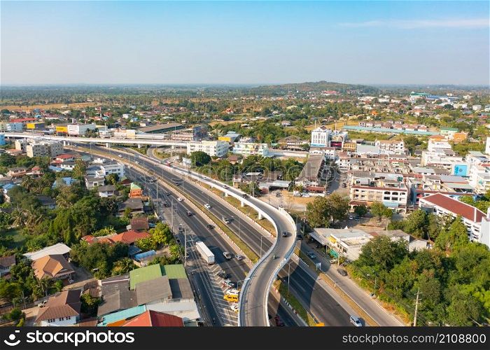 Aerial view of residential buildings, Ratchaburi skyline, Thailand. Urban city in Asia. Architecture landscape background.
