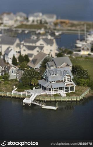 Aerial view of residential community and docks on Bald Head Island, North Carolina.