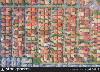 Aerial view of residential neighborhood. Urban housing development from above. Top view. Real estate in Bangkok City, Thailand. Property real estate.