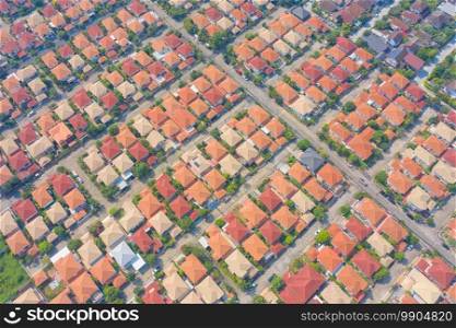 Aerial view of residential neighborhood. Urban housing development from above. Top view. Real estate in Bangkok City, Thailand. Property real estate.
