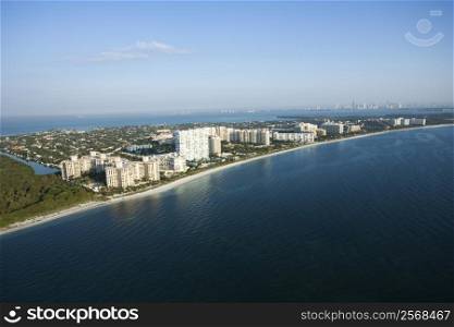 Aerial view of resort buildings on Key Biscayne beach, Flordia.