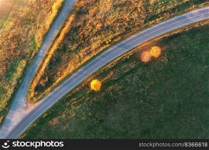 Aerial view of road, hills, green meadows and colorful trees at sunset in autumn. Top view of rural road. Beautiful landscape with roadway, grass, oran≥trees in fall. Highway. View from above. Aerial view of winding road in autumn forest at sunset