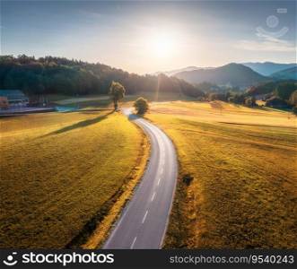 Aerial view of road in alpine meadows at sunset in autumn. Top view of rural road, mountains, forest in fall. Colorful landscape with country roadway, orange trees, hills, yellow grass in Slovenia