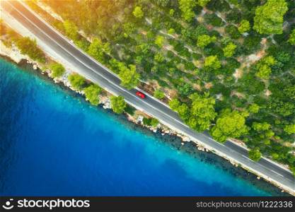 Aerial view of road in beautiful green forest and sea coast at sunset in spring. Colorful landscape with cars on roadway, blue water, trees in summer. Top view from drone of highway in Croatia. Travel