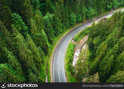 Aerial view of road in beautiful green forest at sunset in summer. Colorful landscape with roadway, pine trees, river in Carpatian mountains. View from drone of curve road. Travel in Ukraine. Top view