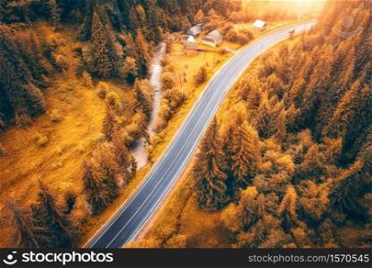 Aerial view of road in beautiful orange forest at sunset in autumn. Colorful landscape with roadway, trees in fall. Carpathian mountains. Top view from drone of winding road. Autumn colors. Travel. Aerial view of road in colorful orange forest at sunset in autumn