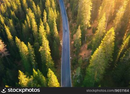Aerial view of road in colorful autumn forest at sunset. Dolomites, Italy. Top drone view of winding road in woods. Beautiful landscape with highway, green pine trees, orange leaves in fall. Nature