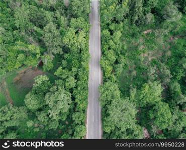 Aerial view of road in green forest. Amazing landscape with rural road