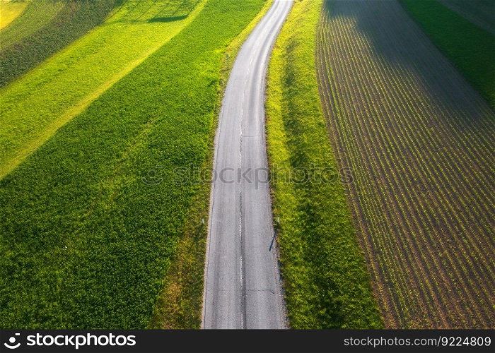 Aerial view of road in green meadows and field at sunset in summer. Top view from drone of rural road. Beautiful landscape with roadway, green grass, sunlight. Evening in Slovenia. Transportation