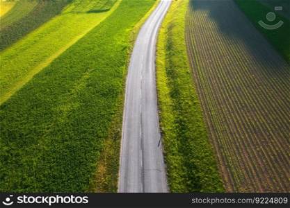 Aerial view of road in green meadows and field at sunset in summer. Top view from drone of rural road. Beautiful landscape with roadway, green grass, sunlight. Evening in Slovenia. Transportation