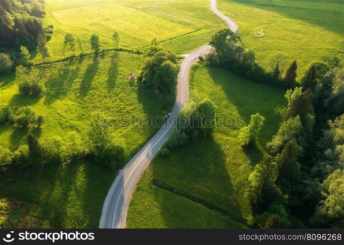 Aerial view of road in green meadows and hills at sunset in summer. Top view from drone of rural road, forest. Beautiful landscape with roadway, trees, green grass, sunlight in Slovenia. Nature
