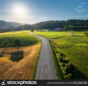 Aerial view of road in green meadows at sunset in summer. Top view from drone of rural road, mountains, forest. Beautiful landscape with roadway, trees, hills, fields, green grass, blue sky. Slovenia