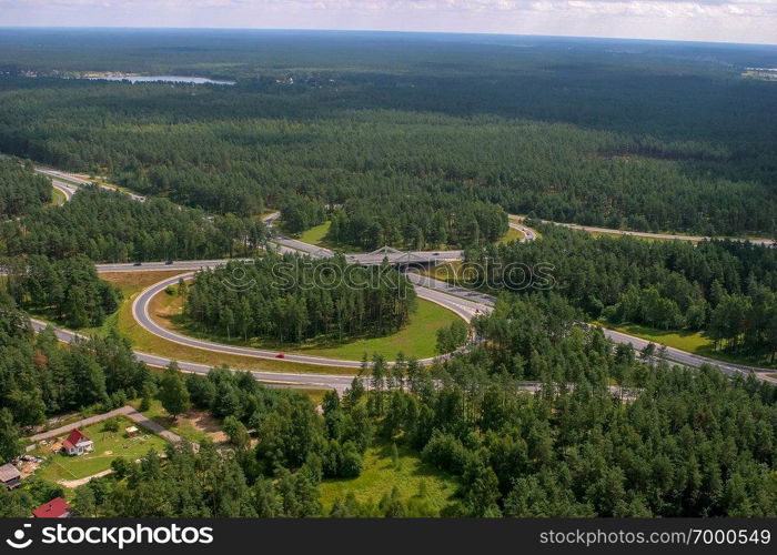 Aerial view of road in Latvia. Latvia from above.