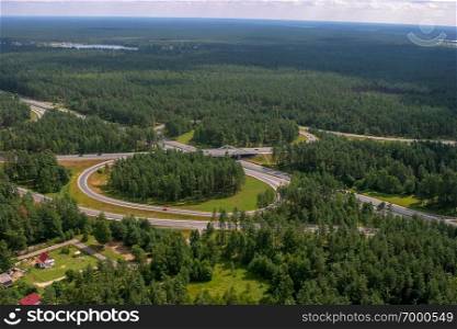 Aerial view of road in Latvia. Latvia from above.
