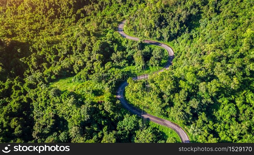 Aerial view of road in mountains.