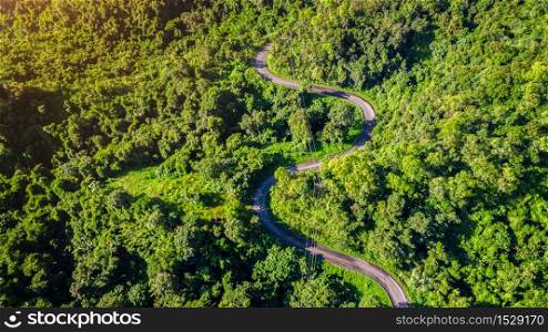 Aerial view of road in mountains.