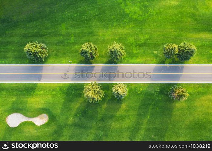 Aerial view of road through beautiful green field at sunset in autumn. Beautiful landscape with empty rural road, trees, green grass. Highway through the park. Top view from flying drone. Nature