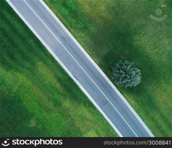 Aerial view of road through beautiful green field in the evening in spring. Beautiful landscape with empty rural road, trees, green grass. Highway through the park. Top view from flying drone. Nature