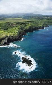 Aerial view of rocky coastline of Maui, Hawaii.