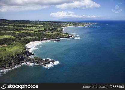 Aerial view of rocky coastline on Maui, Hawaii.