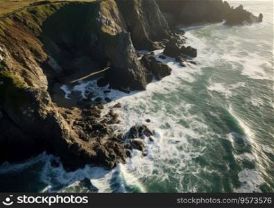 Aerial view of rocky coastline. Waves hitting in rocks. Birds eye view of the sea, cinimatic sea and moutain view.