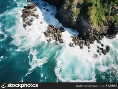 Aerial view of rocky coastline. Waves hitting in rocks. Birds eye view of the sea, cinimatic sea and moutain view.