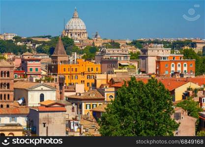 Aerial view of Rome, Italy. Aerial wonderful view of Rome with dome of Saint Peter Cathedral in the summer day in Rome, Italy