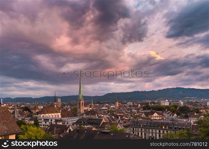 Aerial view of roofs and church towers in Old Town of Zurich, the largest city in Switzerland. Zurich, the largest city in Switzerland