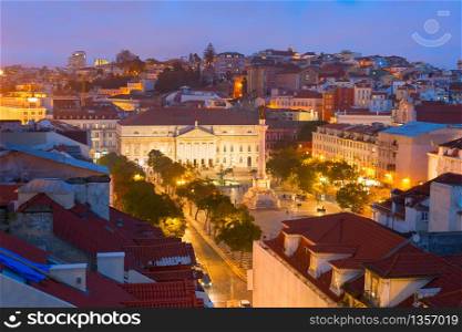 Aerial view of Rossio square at twilight. Old Town of Lisbon, Portugal