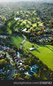 Aerial view of Ryde Parramatta Golf Course and buildings in West Ryde, Australia.