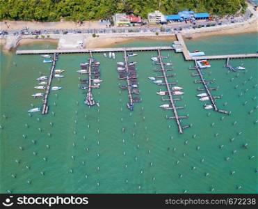 Aerial view of sail boats docked in port at Pattaya sea, beach. Chonburi, Thailand.