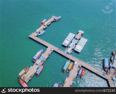 Aerial view of sail boats docked in port at Pattaya sea, beach. Chonburi, Thailand.