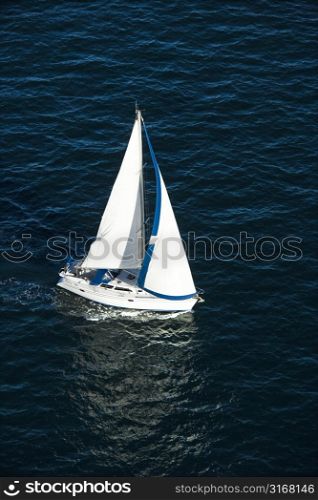 Aerial view of sailboat at sea in Sydney, Australia.