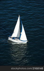Aerial view of sailboat at sea in Sydney, Australia.