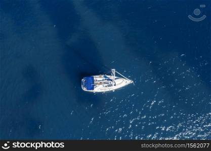 Aerial view of sailing yacht in the sea