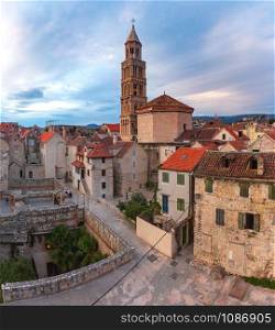 Aerial view of Saint Domnius Cathedral in Diocletian Palace in Old Town of Split, the second largest city of Croatia in the morning. Old Town of Split, Croatia