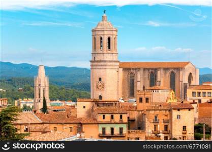 Aerial view of Saint Mary Cathedral in Girona, Catalonia, Spain