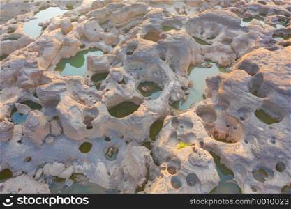 Aerial view of Sam Phan Bok, Ubon Ratchathani, Thailand. Dry rock reef in the Mekong River. Nature landscape background. Grand Canyon of Thailand.