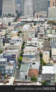 Aerial view of San Francisco steep street and skyline.