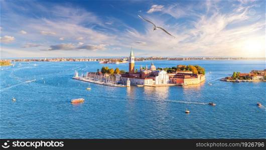 Aerial view of San Giorgio Maggiore Island in the lagoon of Venice, Italy.