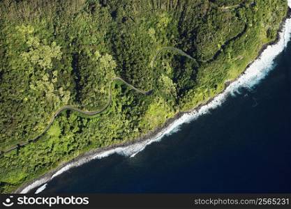 Aerial view of scenic road along coast of Maui, Hawaii.