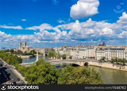 Aerial view of Seine and Notre Dame de Paris in summer day